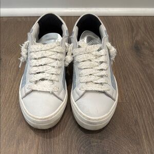 P448 White and Gray Sneakers with Leather Material and Low-Top Design